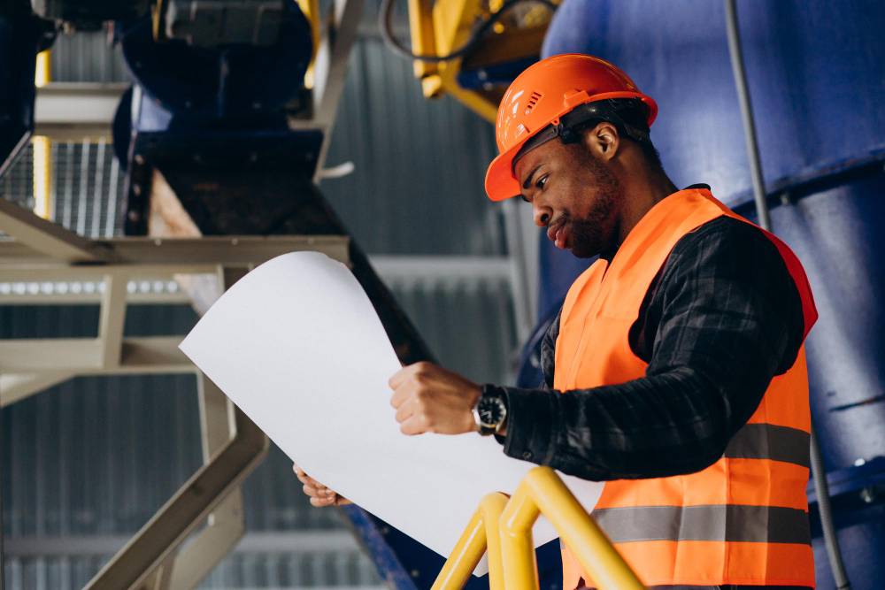 A man in an orange hard hat and vest looking at paperwork