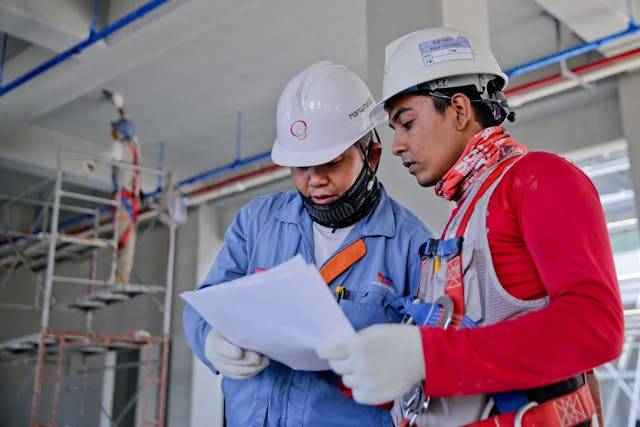 Two engineers in hard hats looking at paperwork