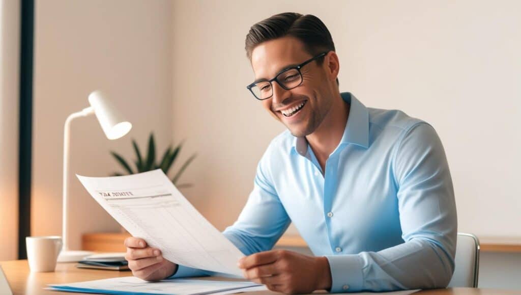 Happy business owner reviewing small business taxes and personal tax liability